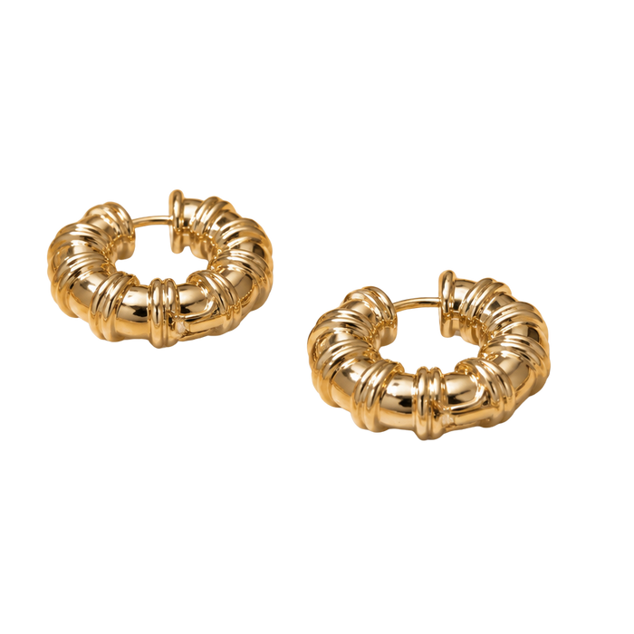 A pair of gold hoop earrings with a textured, ribbed outer design and a smooth inner band, displayed on a solid white background.