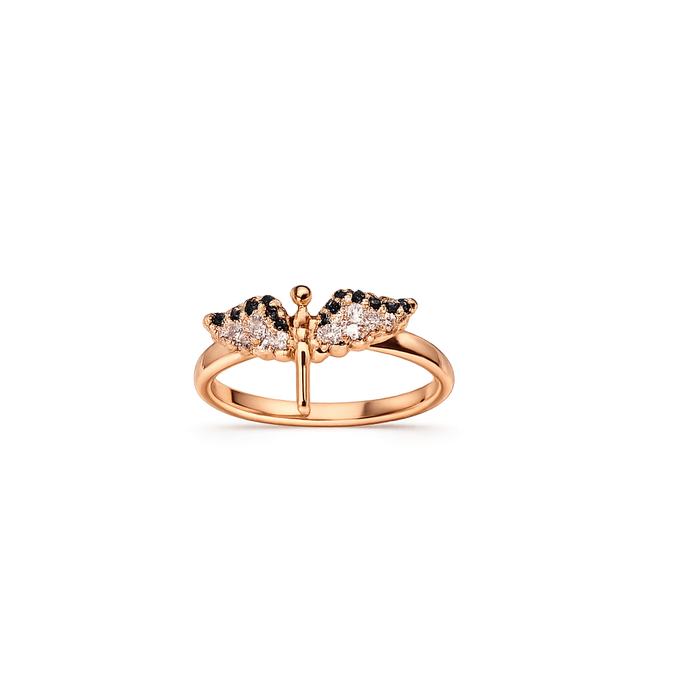 A rose gold butterfly ring with small black and clear gemstones on the wings, shown on a plain white background.