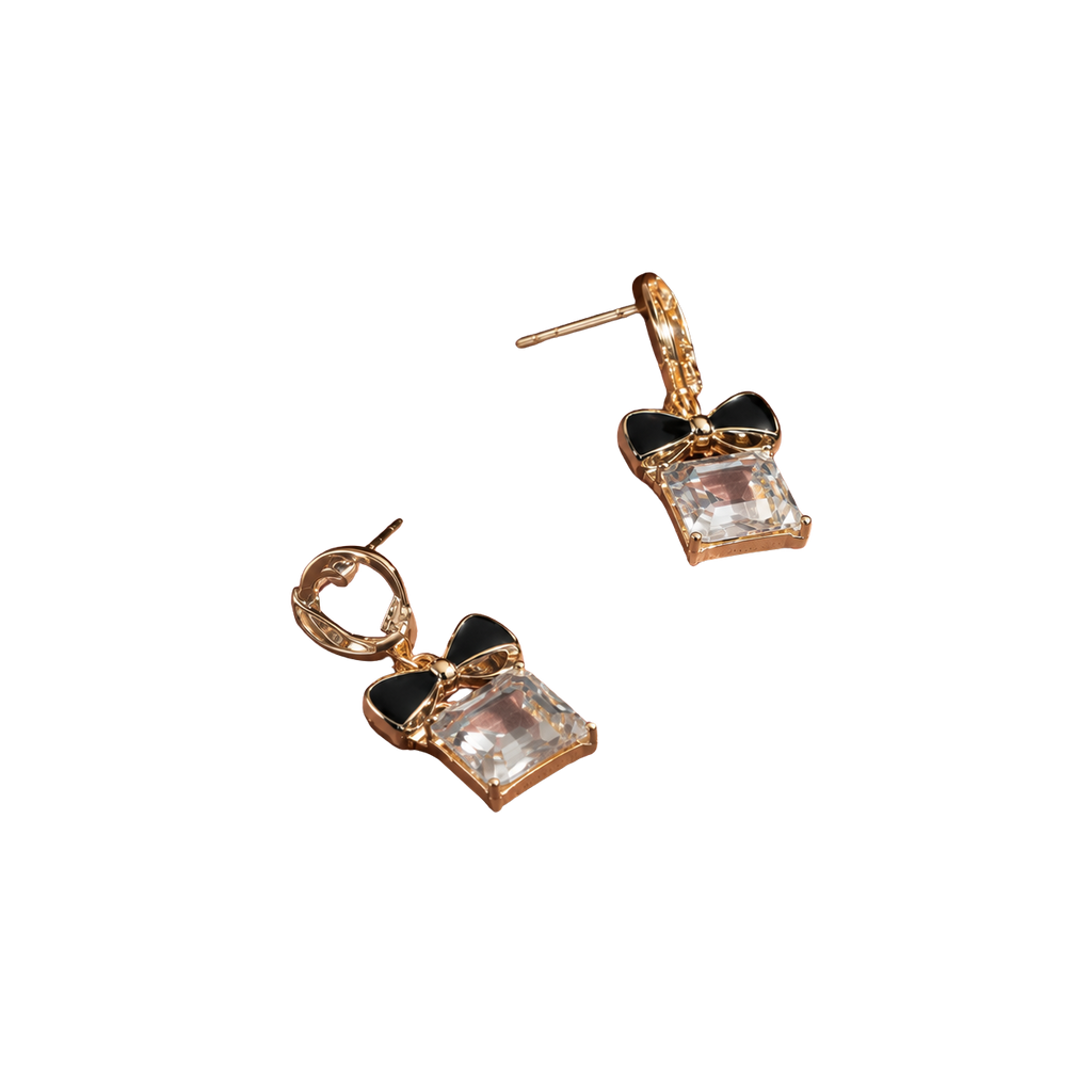 Noir Bow Crystal Minimal Drop Earrings