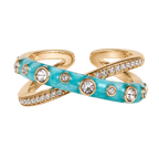 A gold-plated wrap ring featuring a vibrant turquoise enamel inlay, accented with clear round-cut and pave-set crystals, shown on a plain white background.