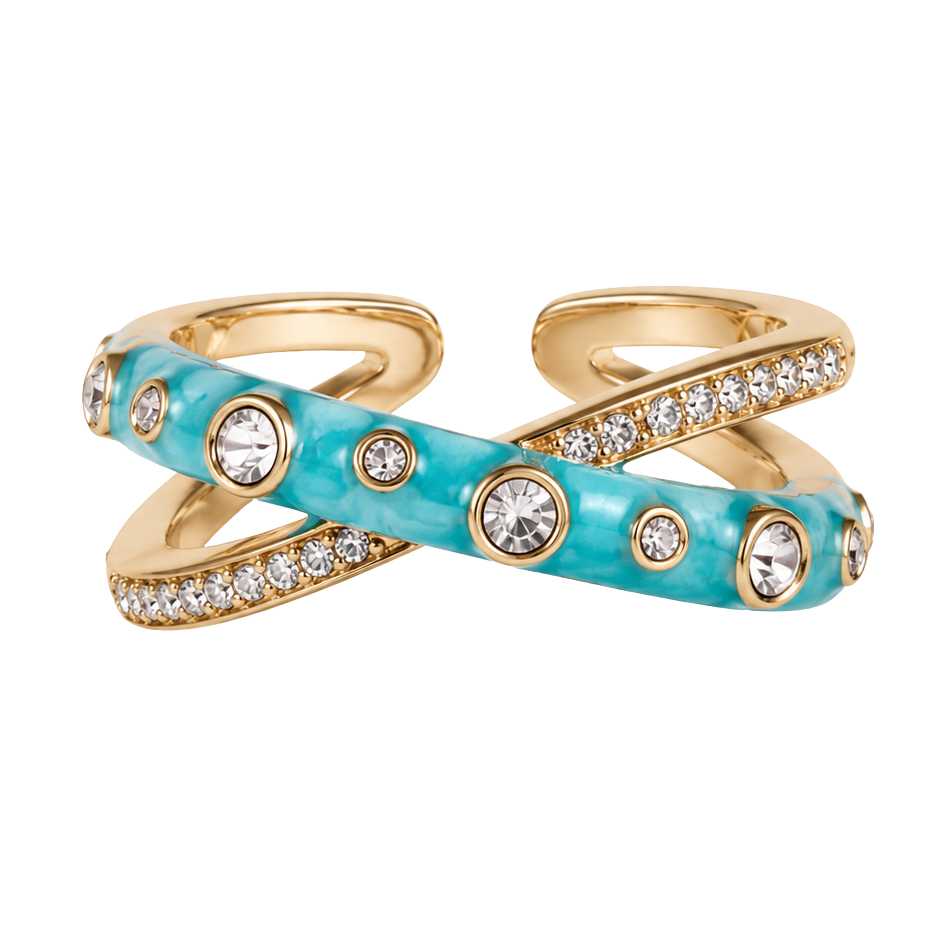 A gold-plated wrap ring featuring a vibrant turquoise enamel inlay, accented with clear round-cut and pave-set crystals, shown on a plain white background.