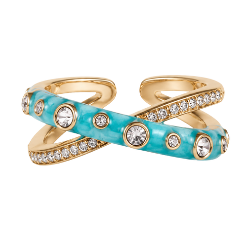 A gold-plated wrap ring featuring a vibrant turquoise enamel inlay, accented with clear round-cut and pave-set crystals, shown on a plain white background.