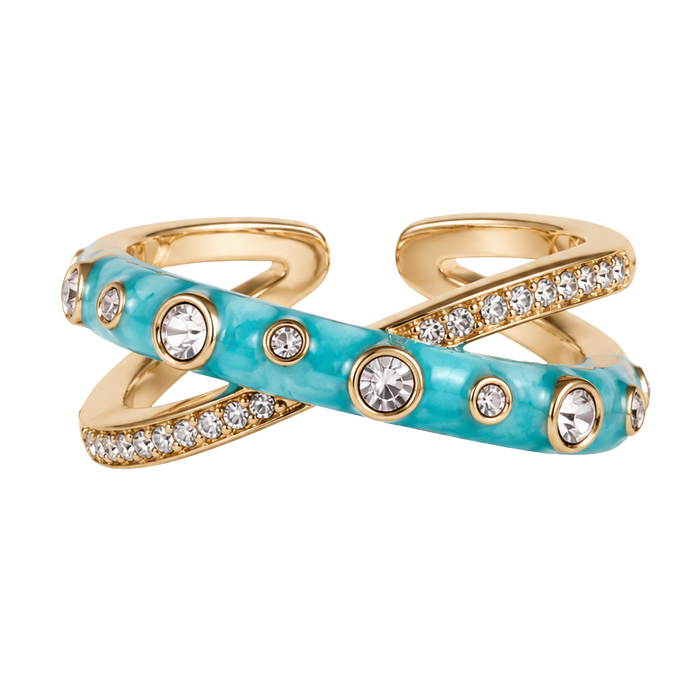 A gold-plated wrap ring featuring a vibrant turquoise enamel inlay, accented with clear round-cut and pave-set crystals, shown on a plain white background.