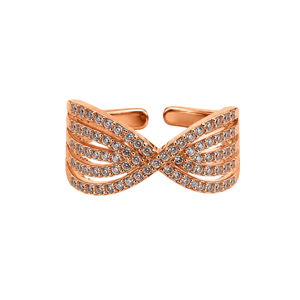 A rose gold wrap-style ring featuring multiple parallel bands paved with small clear stones, arranged in an open bow or infinity-like crossover design, shown on a plain white background.