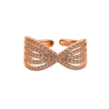 A rose gold wrap-style ring featuring multiple parallel bands paved with small clear stones, arranged in an open bow or infinity-like crossover design, shown on a plain white background.