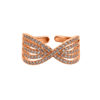 A rose gold wrap-style ring featuring multiple parallel bands paved with small clear stones, arranged in an open bow or infinity-like crossover design, shown on a plain white background.