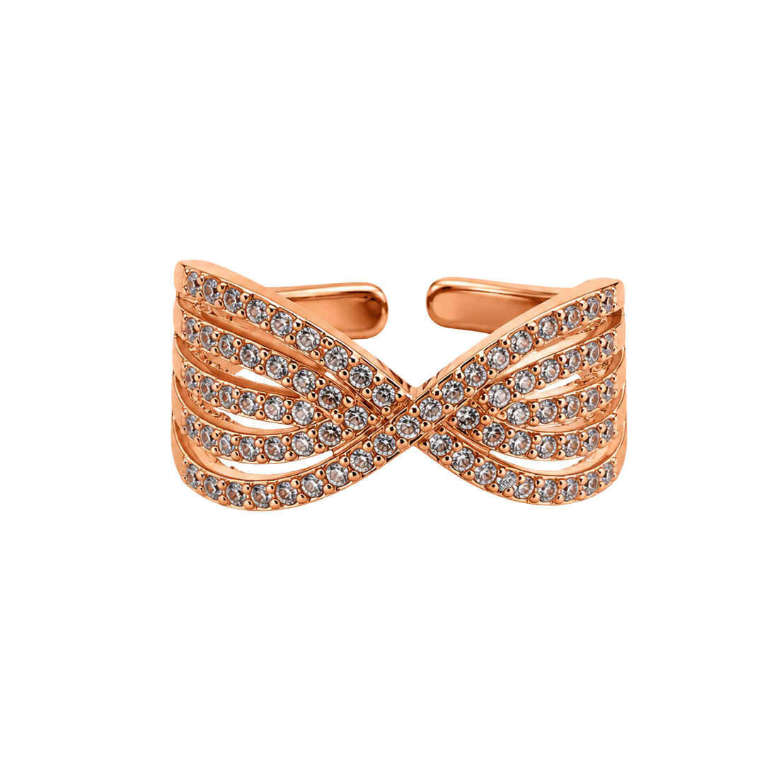 A rose gold wrap-style ring featuring multiple parallel bands paved with small clear stones, arranged in an open bow or infinity-like crossover design, shown on a plain white background.
