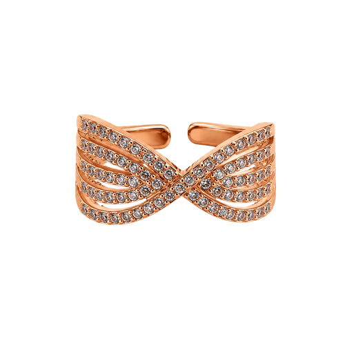 A rose gold wrap-style ring featuring multiple parallel bands paved with small clear stones, arranged in an open bow or infinity-like crossover design, shown on a plain white background.