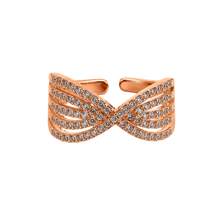 A rose gold wrap-style ring featuring multiple parallel bands paved with small clear stones, arranged in an open bow or infinity-like crossover design, shown on a plain white background.
