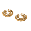 A pair of gold hoop earrings with a textured, ribbed outer design and a smooth inner band, displayed on a solid white background.