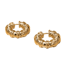 A pair of gold hoop earrings with a textured, ribbed outer design and a smooth inner band, displayed on a solid white background.
