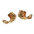 A pair of gold-toned, textured leaf-shaped stud earrings on a plain white background.
