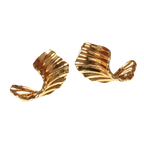 A pair of gold-toned, textured leaf-shaped stud earrings on a plain white background.