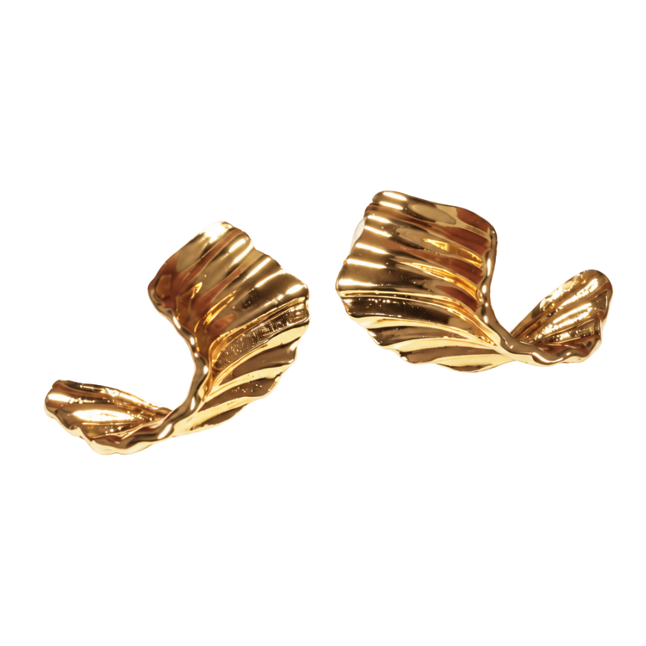 A pair of gold-toned, textured leaf-shaped stud earrings on a plain white background.