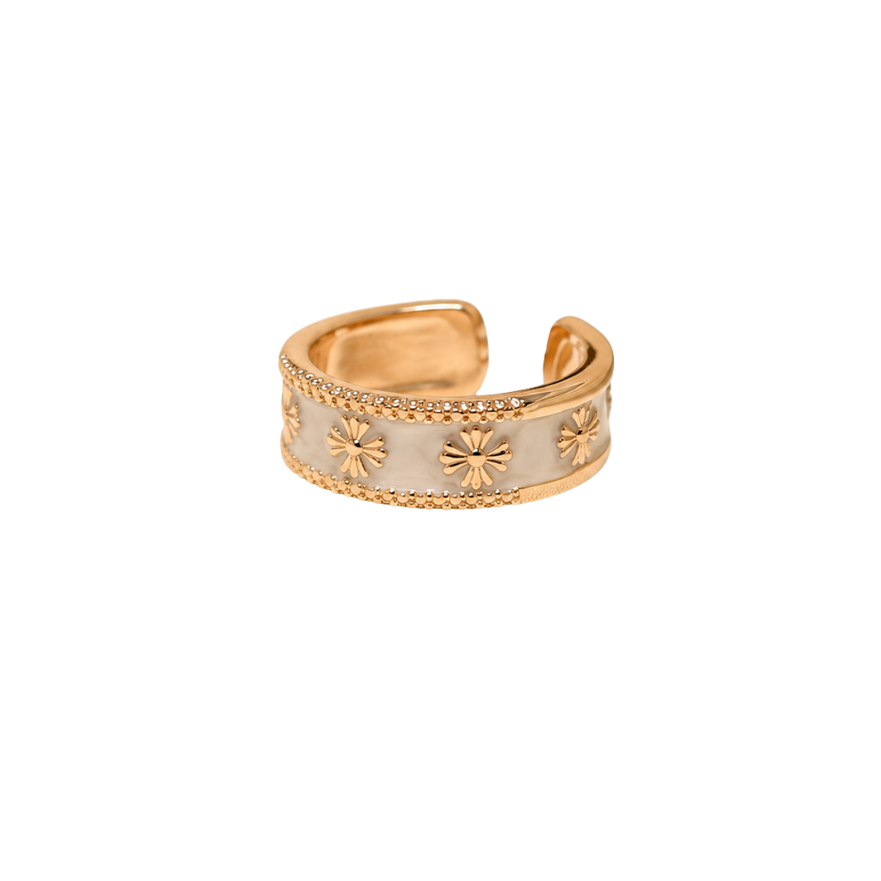 A gold-plated adjustable ring with a white enamel center and embossed starburst details, shown on a plain white background.