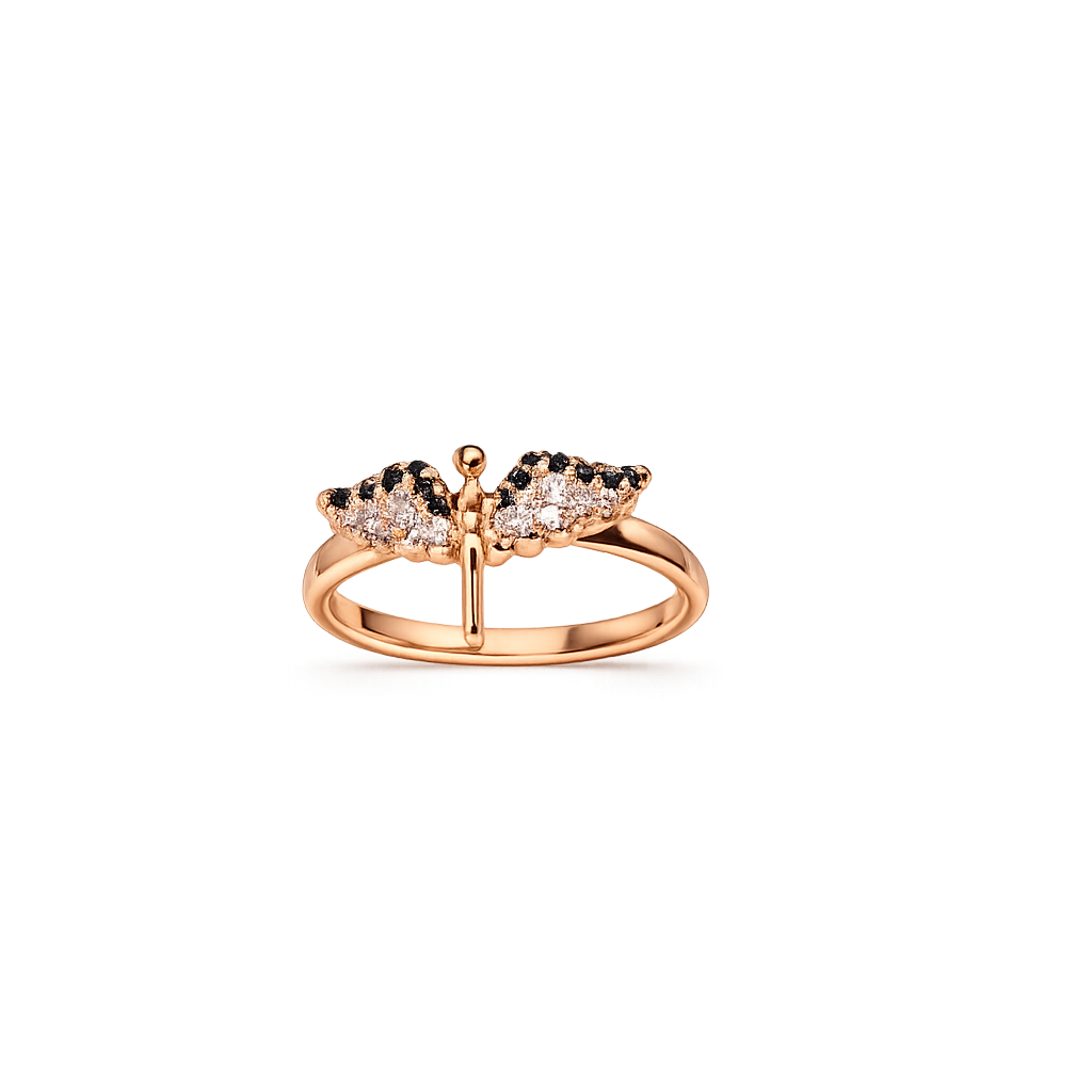 A rose gold butterfly ring with small black and clear gemstones on the wings, shown on a plain white background.